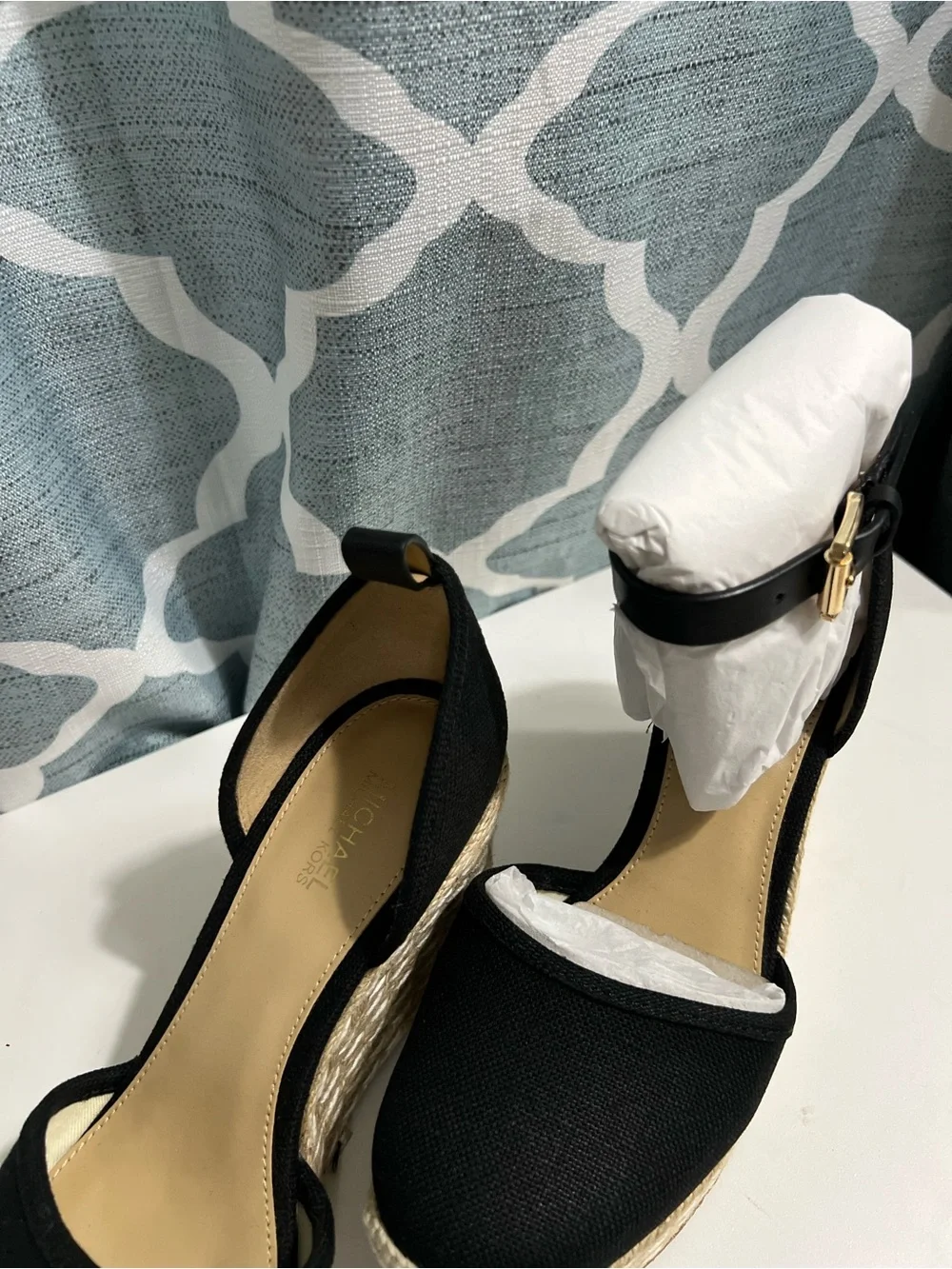 Michael Kors Black Espadrille Wedge Sandals with Gold Buckle